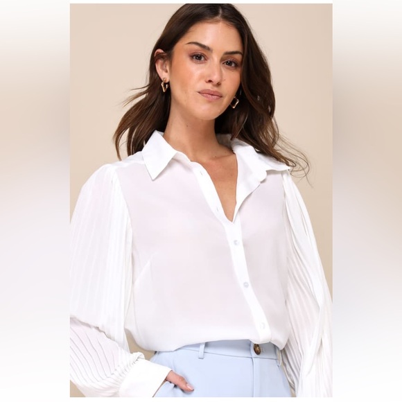 NWT Lulus Successful Poise White Pleated Sleeve Button-Up Top - Picture 4 of 4